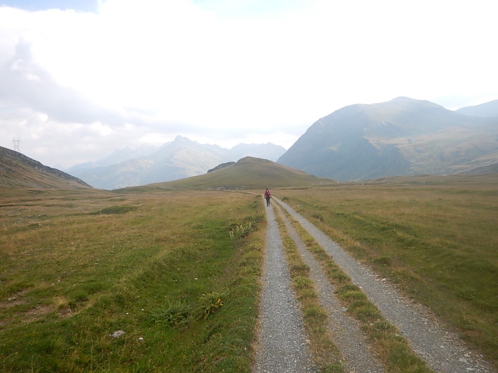 Septimerpass Richtung Bivio. Manuela einsam unterwegs.